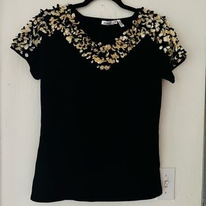 Ravel Black V-Neck Top -Medium- Decorated with Large Oval Sequins